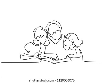 Continuous one line drawing. Grandmother reading book with her grandchildren. Vector illustration