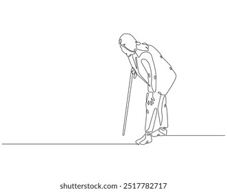 Continuous one line drawing of grandmother walking with a walker. One line drawing illustration of old woman use stick walker. International patient safety day concept line art. Editable outline