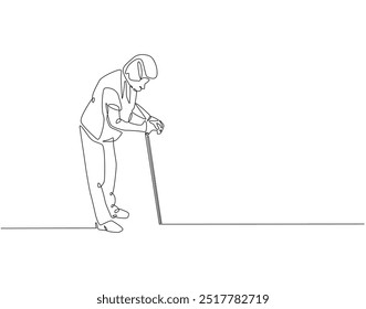 Continuous one line drawing of grandmother walking with a walker. One line drawing illustration of old woman use stick walker. International patient safety day concept line art. Editable outline