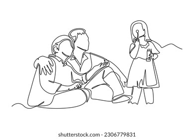 Continuous one line drawing grandparent with children and grandchildren. Grandparents day concept. Single line draw design vector graphic illustration.