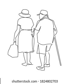 Continuous one line drawing of grandparents go hand in hand view from the back. Happy elderly couple walking with bag and stick. Vector illustration.