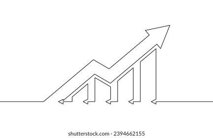 Continuous one line drawing of graph. Illustration vector of arrow up. Hand drawn of bar chart . Flat icon business growth. Single line art