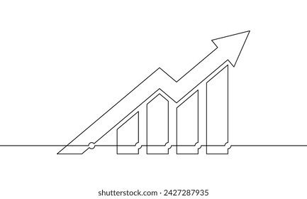 Continuous one line drawing of graph. Illustration vector of arrow up. Single line art of bar chart. Flat icon of business growth. Increasing arrow sign symbol