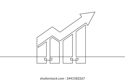 Continuous one line drawing of graph. Flat icon of arrow up. Business growth, Bar chart, increasing arrow. Single line art. Vector illustration
