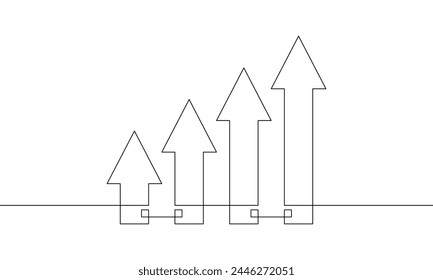 Continuous one line drawing of graph. Illustration of arrow up. Single line art of  business growth. Bar chart, increasing arrow, flat icon