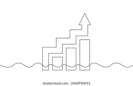 Durchgehende einzeilige Zeichnung des Graphen. Illustration Vektorgrafik des Balkendiagramms. Einzelzeilenart des Geschäftswachstums. Flaches Symbol des Pfeils nach oben. Vorzeichensymbol des steigenden Pfeils. Flaches Symboldesign