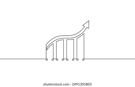 Continuous one line drawing of graph icon. Illustration vector of business growth. Single line art of increasing arrow up. Bar chart sign symbol