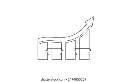 Continuous one line drawing of graph with increasing arrow up. Illustration vector of bar chart. Single line art of business growth. Flat icon of sign symbol