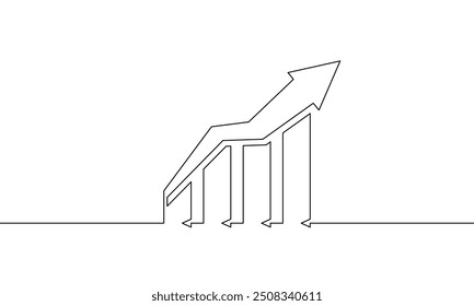 Continuous one line drawing of graph with increasing arrow up. Illustration vector ofbusiness growth icon. Bar chart sign symbol. Single line art