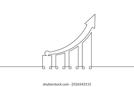 Continuous one line drawing of graph with increasing arrow up. Bar chart sign symbol. Illustration vector of business growth icon. Single line art