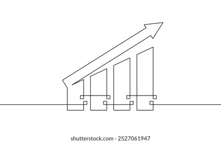 Continuous one line drawing of graph. Bisiness growth sign symbol. Single line art of bar chart icon. Illustration vector of increasing arrow up