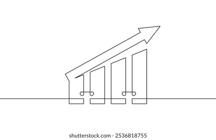 Continuous one line drawing of graph. Single line art of business growth. Flat icon of increasing arrow up. Illustration vector of bar chart