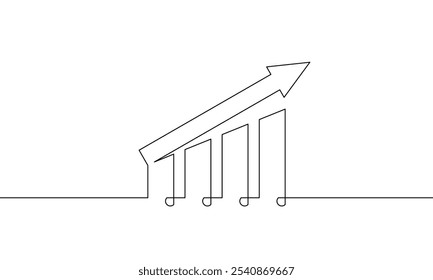 Continuous one line drawing of graph. Single line art increasing arrow up. Business growth sign symbol. Flat icon of bar chart. Vector illustration
