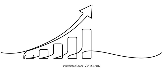  Continuous one line drawing of graph. Flat icon of increasing arrow up. Illustration vector of bar chart. Single line art of business growth, Continuous one line drawing of growing statistics graph.