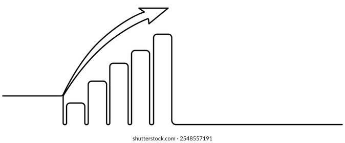  Dibujo continuo de una línea de gráfico. Icono plano de flecha creciente hacia arriba. Vector de ilustración del gráfico de barras. Arte de línea única de crecimiento empresarial, Dibujo continuo de una línea de gráfico de estadísticas en crecimiento.