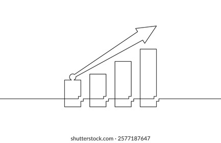 Continuous one line drawing of graph vector illustration. Single line art of increasing arrow up. Flat icon of business growth. Sign symbol of bar chart