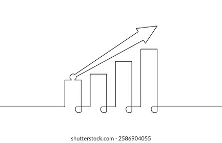 Continuous one line drawing of graph sign symbol. Flat icon of increasing arrow up. Illustration of business growth. Single line art of bar chart