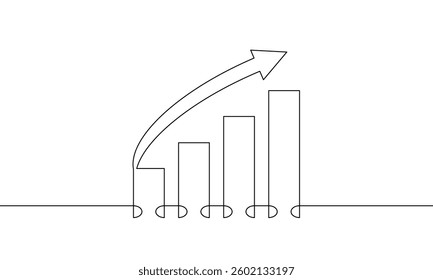 Continuous one line drawing of graph. Single line art illustration vector of business growth. Flat icon of increasing arrow up. Bar chart sign symbol