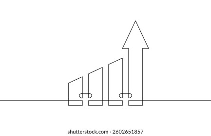 Continuous one line drawing of graph. Business growth chart with increasing arrow up. Bar flat icon. Single line art sign symbol