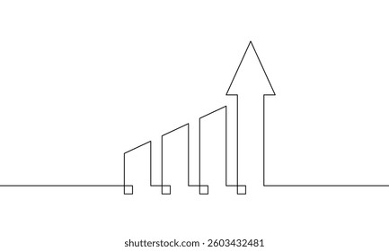 Continuous one line drawing of graph. Illustration vector of increasing arrow up. Single line art of bar chart. Flat design icon of business growth