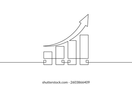 Continuous one line drawing of graph with increasing arrow up. Business growth illustration  vector. Single line art of bar chart sign symbol. Flat icon