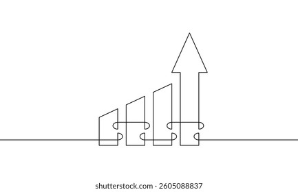 Continuous one line drawing of graph with increasing arrow up. Bar chart single line art style. Flat icon of business growth. Vector illustration