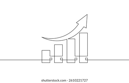 Continuous one line drawing of graph. Single line art of increasing arrow up. Illustration vector of busiess growth concept with flat icon design. Flat icon of bar chart sign symbol