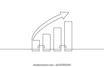 Continuous one line drawing of graph. Single line art of increasing bar chart. Illustration vector of arrow up. Flat icon of busines growth. Sign symbol