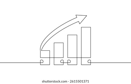 Continuous one line drawing of graph with arrow up. Illustration vector of increasing bar chart. Single line art of biusiness growth. Flat icon of sign symbol