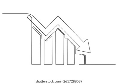 Continuous one line drawing of Graph decrease. Single line drawing illustration of Down graph chart. Financial market crash concept vector art. Doodle line illustration.