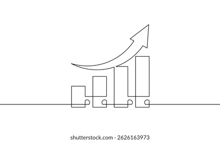 Continuous one line drawing of graph. Increasing business. Illustration vector of bar chart growth. Single line art of arrow up. Sign symbol