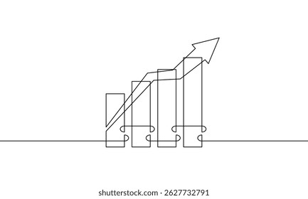 Continuous one line drawing of graph on white background. Illustration vector of increasing arrow up. Single line art of bar chart. Flat icon of business growth. Sign symbol