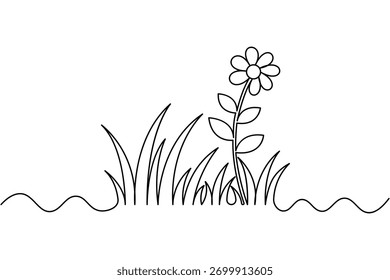 Continuous one line drawing of grass and flower minimalist vector art
