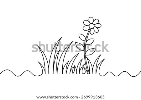 Continuous one line drawing of grass and flower minimalist vector art
