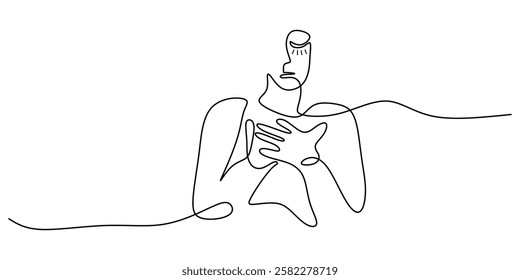 Continuous One line drawing of Gratitude. Person holds his chest. Vector illustration hand drawn.