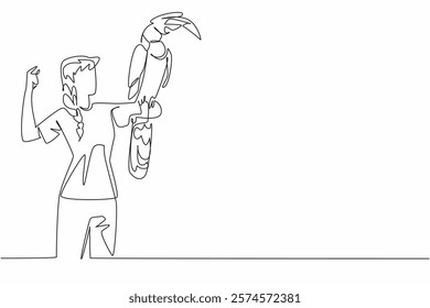 Continuous one line drawing the great hornbill bird perched on hand of woman. The crested has a large yellow beak. Big colorful bird. Woman Holding Bird. Single line draw design vector illustration