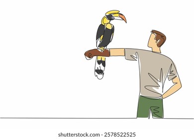 Continuous one line drawing great hornbill bird perched on hand of man. Trying to feed directly. New animal keeper on duty. Pursue hobby. Man Holding Bird. Single line draw design vector illustration