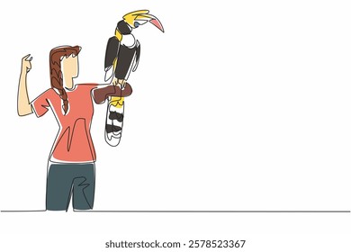 Continuous one line drawing the great hornbill bird perched on hand of woman. The crested has a large yellow beak. Big colorful bird. Woman Holding Bird. Single line draw design vector illustration