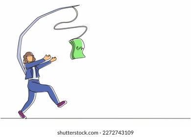 Continuous one line drawing greedy businesswoman or manager is running after money. Greedy woman in business blazer with attached rod and dollar. Single line draw design vector graphic illustration