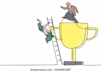 Continuous one line drawing greedy Arabian businesswoman kicking her rival falling down from top ladder trophy of success. Cheating competitor metaphor. Single line design vector graphic illustration