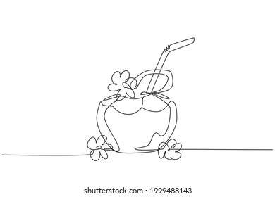 Continuous one line drawing green coconuts with drinking straw and flower. Relieves thirst and dehydration in summer. Healthy lifestyle concept. Single line draw design vector graphic illustration