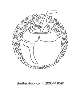 Una línea continua dibujando agua de coco verde con paja de bebida. Menú de postres y bebidas de verano. Estilo de fondo del círculo de redondeo giratorio. ilustración vectorial de diseño de línea única