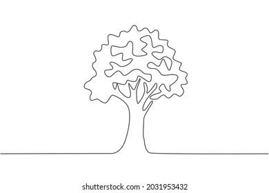 Continuous one line drawing green tree fertile on white background, trees for beautiful gardens forest. Ecology sapling tree growing up and planting on land. Single line draw design vector graphic