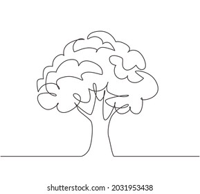 Continuous one line drawing green tree fertile on white background, trees for decorating gardens, park, forest. Agriculture. Earth day, ecology. Single line draw design vector graphic illustration