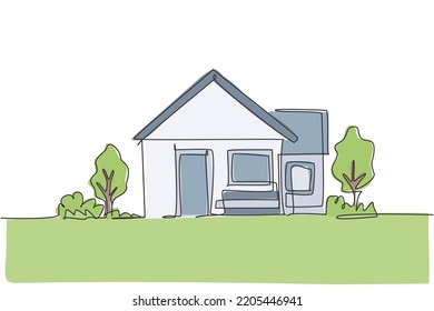 Continuous one line drawing of green little house with garden trees at village. Nature home architecture hand drawn minimalist concept. Modern single line draw design vector graphic illustration