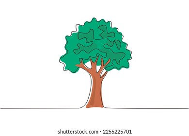 Una línea continua dibujando un árbol verde fértil sobre fondo blanco, árboles para hermosos jardines bosque. Árbol de remolque ecológico que crece y siembra en la tierra. Gráfico vectorial de diseño de trazos de línea única