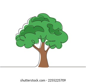 Continuous one line drawing green tree fertile on white background, trees for decorating gardens, park, forest. Agriculture. Earth day, ecology. Single line draw design vector graphic illustration