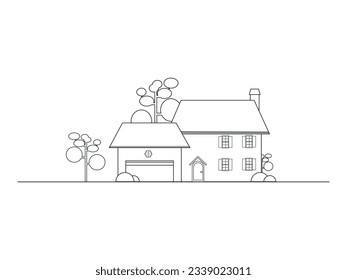 Continuous one line drawing of green little house with garden trees at village. 