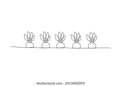 Continuous one line drawing of green trees of carrot garden. Eco natural symbol hand drawn minimalist concept. Modern single line draw design vector graphic illustration