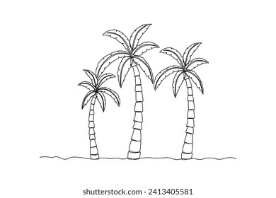 Continuous one line drawing of green trees of old coconut tree. Eco natural symbol hand drawn minimalist concept. Modern single line draw design vector graphic illustration